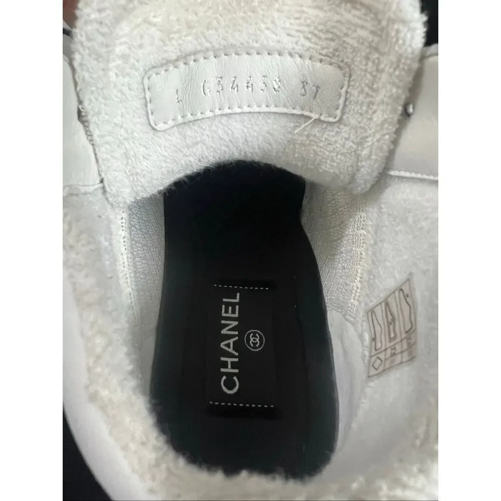 Chanel Calfskin Mesh Lycra Womens Logo High Top Sneakers size 37